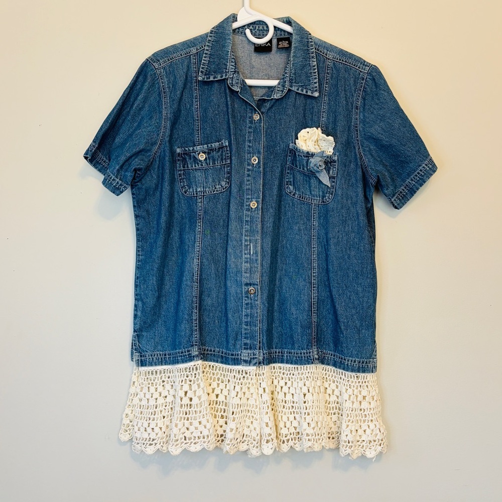 Erika Denim Button Down Shirt with Lace Trim - Picture 5 of 6